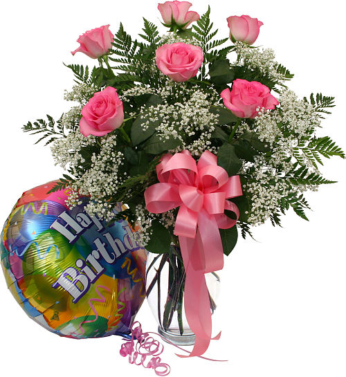 Six Pink Roses and Balloon